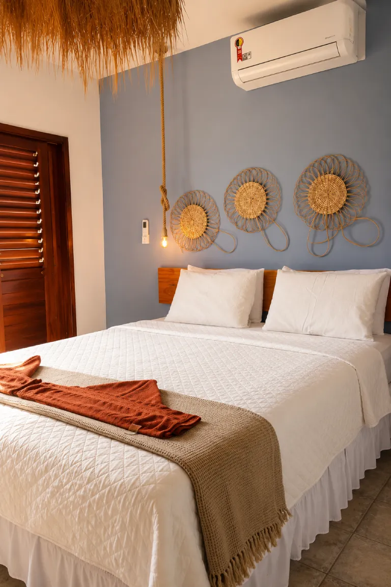 Chambre Premium Luxe climatisée avec lit double à la Pousada KiteTrek de Tremembé, au Brésil.
