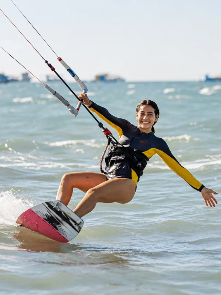 Kitesurfeuse souriante naviguant sur le spot de Tremembé pendant le séjour KiteTrek Brésil 2026.